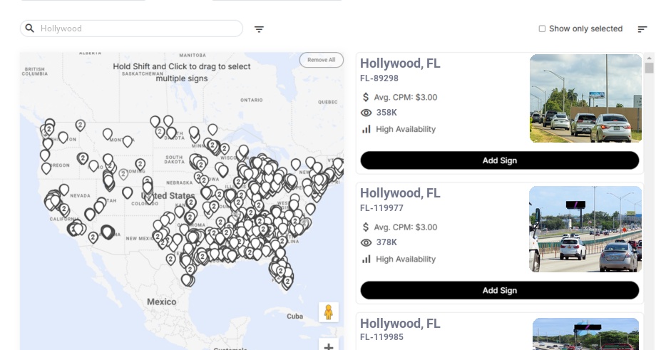 Billboard advertising in Hollywood, Florida - Choose your favorite location