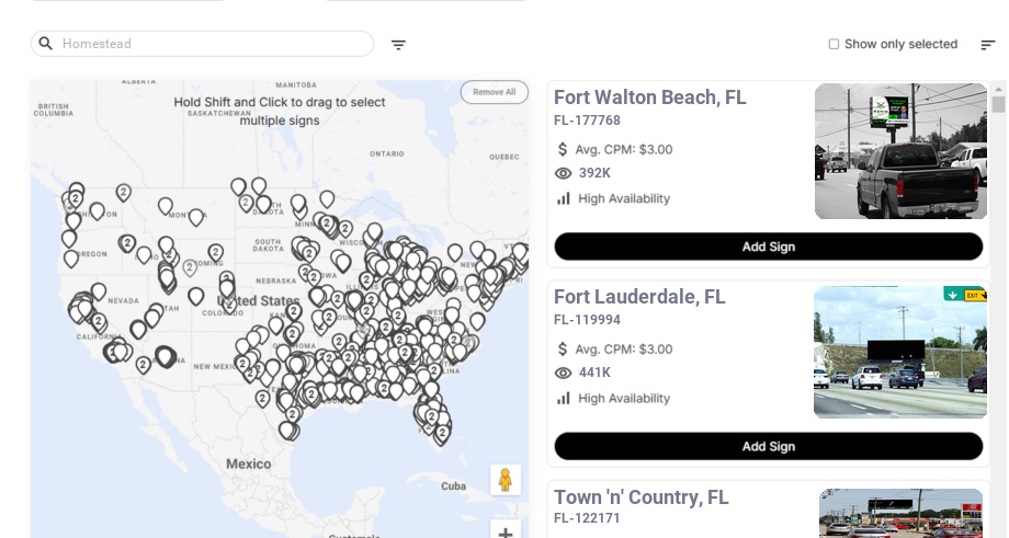 Billboard advertising in Homestead, Florida - Choose your favorite location