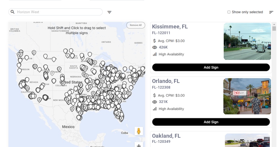 Billboard advertising in Horizon West Fl, Florida - Choose your favorite location