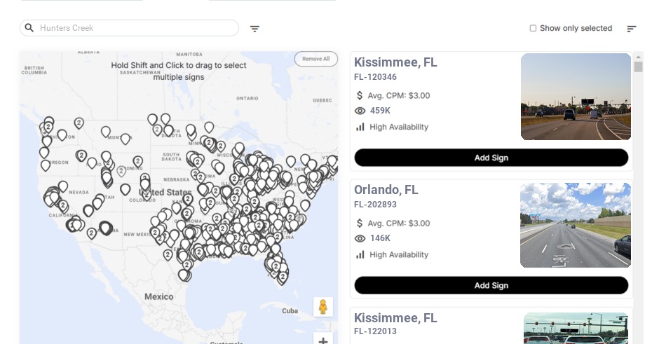 Billboard advertising in Hunters Creek Fl, Florida - Choose your favorite location