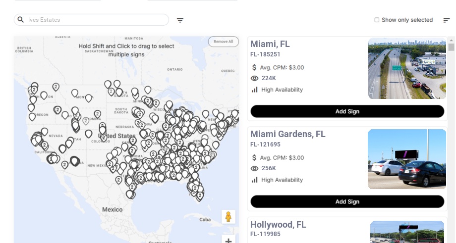 Billboard advertising in Ives Estates Fl, Florida - Choose your favorite location
