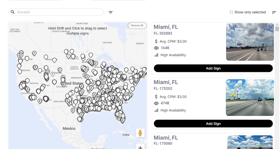 Billboard advertising in Kendall Fl, Florida - Choose your favorite location
