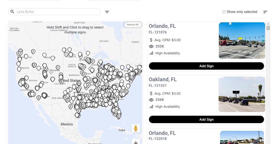 Billboard advertising in Lake Butler Fl, Florida - Choose your favorite location