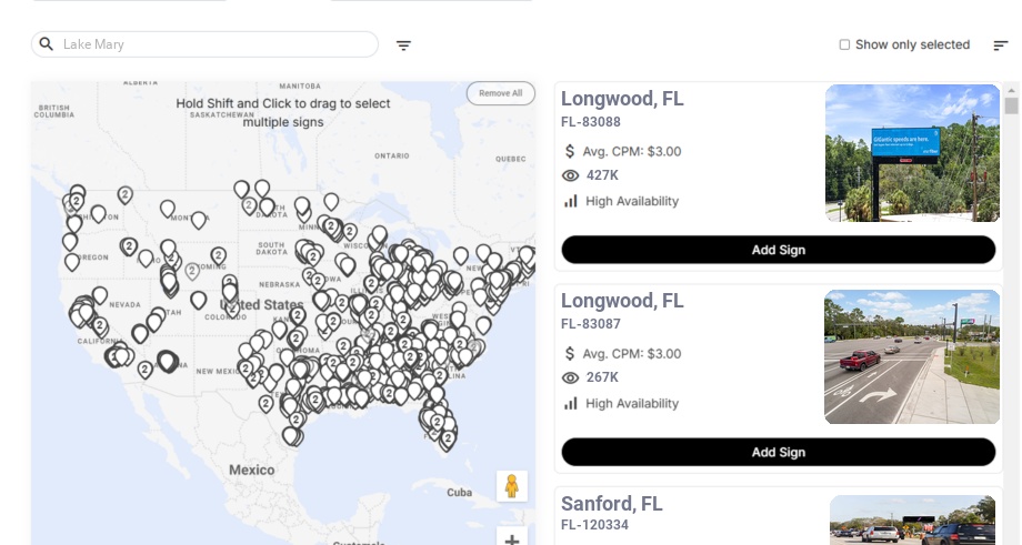 Billboard advertising in Lake Mary Fl, Florida - Choose your favorite location