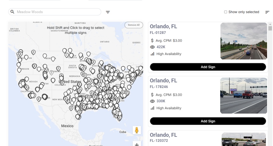Billboard advertising in Meadow Woods Fl, Florida - Choose your favorite location