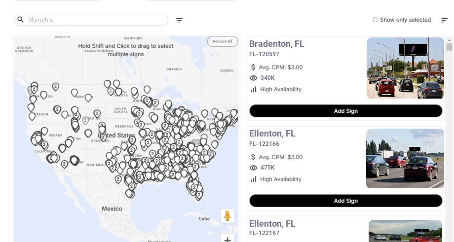 Billboard advertising in Memphis Fl, Florida - Choose your favorite location