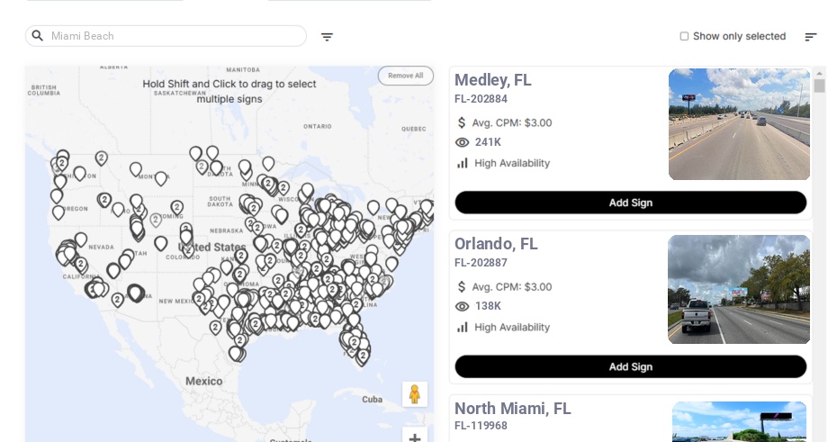 Billboard advertising in Miami Beach Fl, Florida - Choose your favorite location