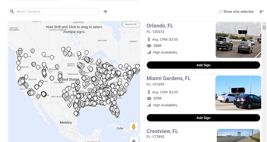 Billboard advertising in Miami Gardens Fl, Florida - Choose your favorite location