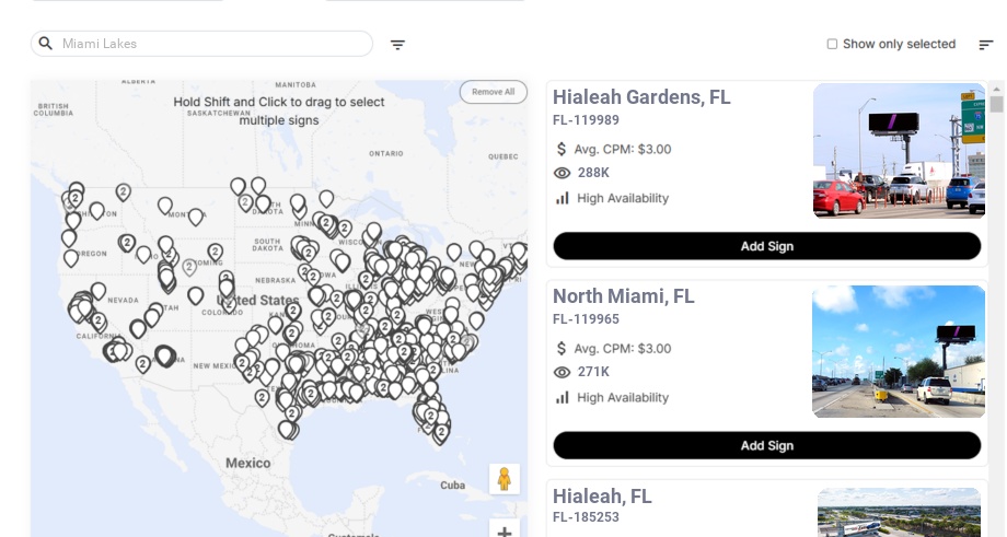Billboard advertising in Miami Lakes Fl, Florida - Choose your favorite location