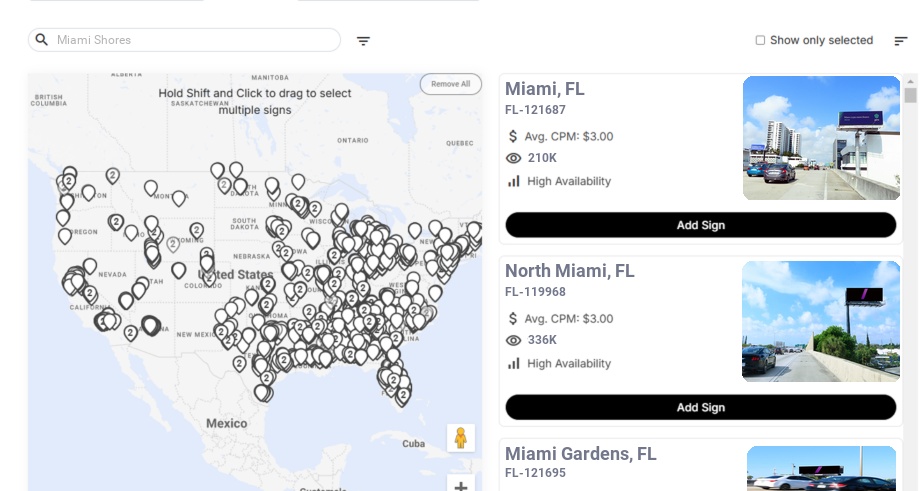 Billboard advertising in Miami Shores Fl, Florida - Choose your favorite location