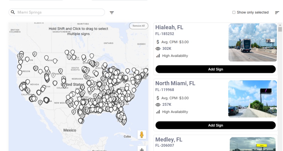 Billboard advertising in Miami Springs Fl, Florida - Choose your favorite location