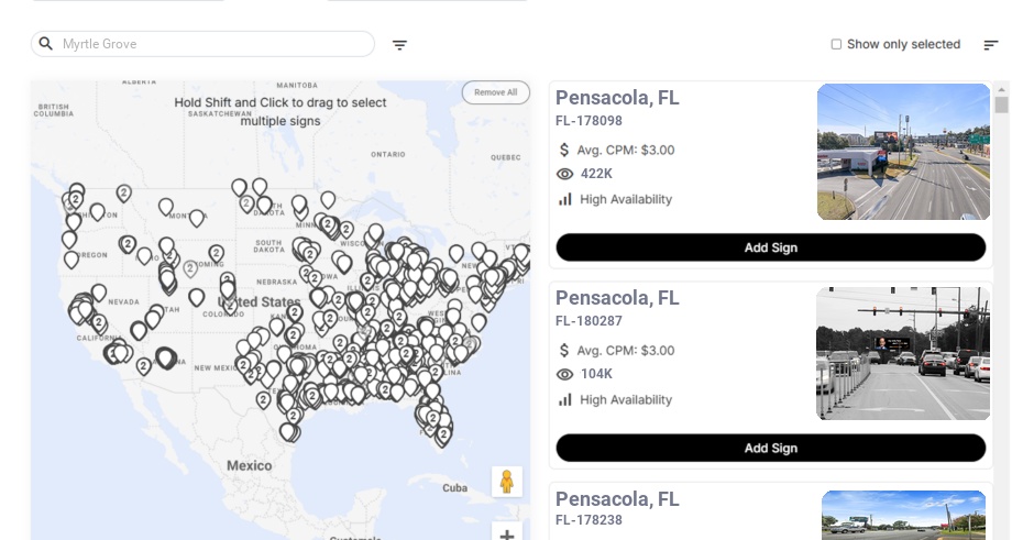 Billboard advertising in Myrtle Grove Fl, Florida - Choose your favorite location