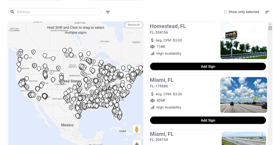 Billboard advertising in Naranja Fl, Florida - Choose your favorite location