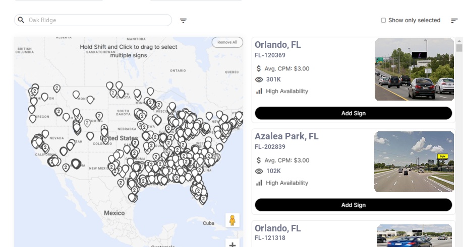 Billboard advertising in Oak Ridge Fl, Florida - Choose your favorite location