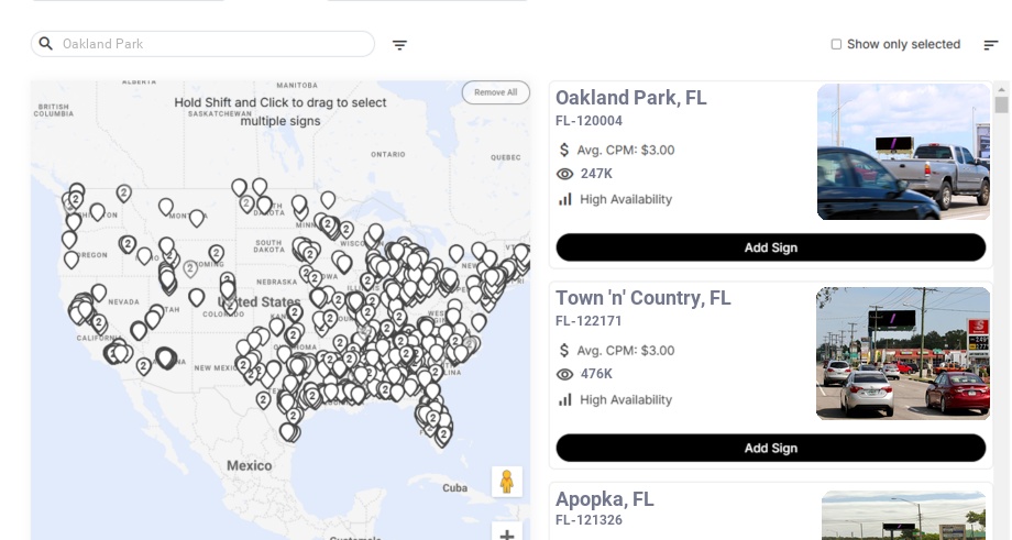 Billboard advertising in Oakland Park Fl, Florida - Choose your favorite location