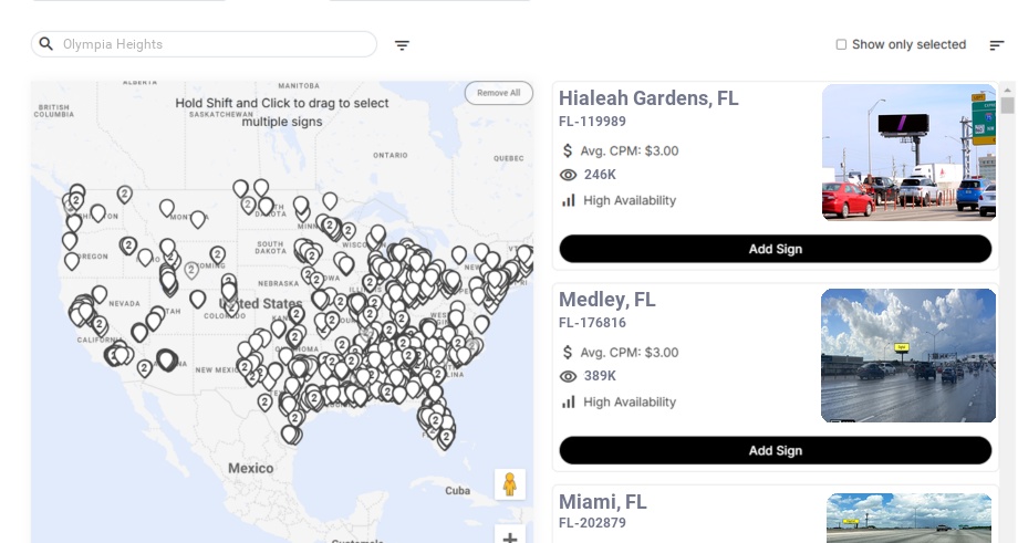 Billboard advertising in Olympia Heights Fl, Florida - Choose your favorite location