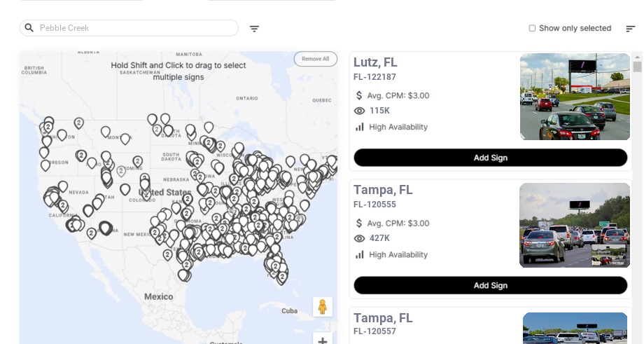 Billboard advertising in Pebble Creek Fl, Florida - Choose your favorite location