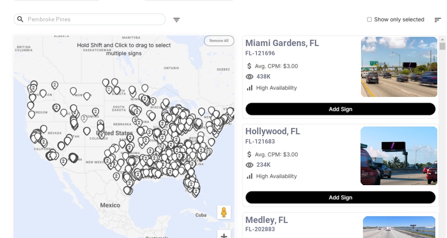 Billboard advertising in Pembroke Pines Fl, Florida - Choose your favorite location