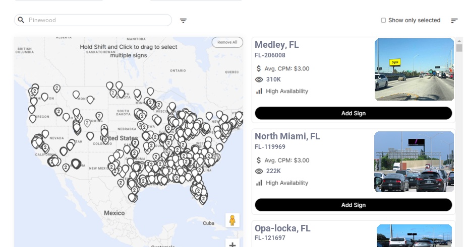 Billboard advertising in Pinewood Fl, Florida - Choose your favorite location