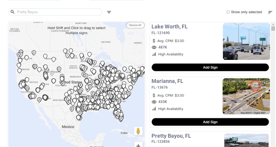 Billboard advertising in Pretty Bayou, Florida - Choose your favorite location