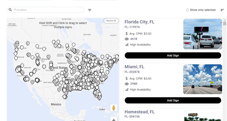 Billboard advertising in Princeton Fl, Florida - Choose your favorite location