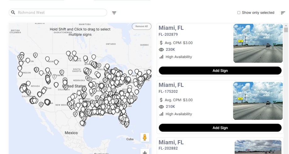 Billboard advertising in Richmond West Fl, Florida - Choose your favorite location