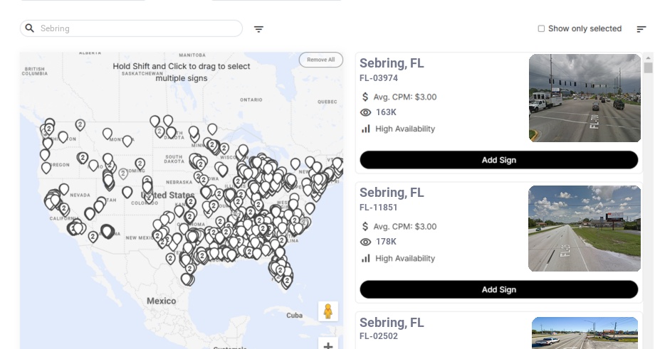 Billboard advertising in Sebring Fl, Florida - Choose your favorite location