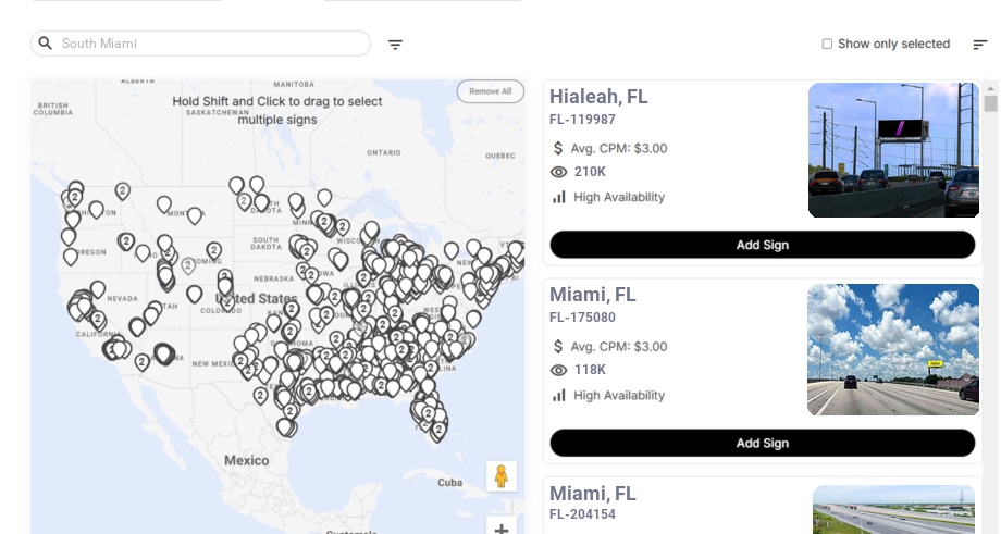 Billboard advertising in South Miami Fl, Florida - Choose your favorite location