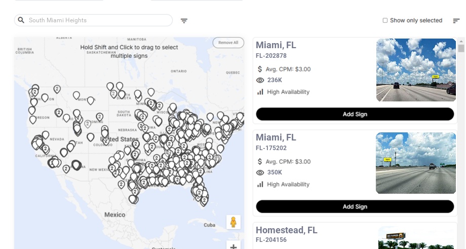 Billboard advertising in South Miami Heights Fl, Florida - Choose your favorite location