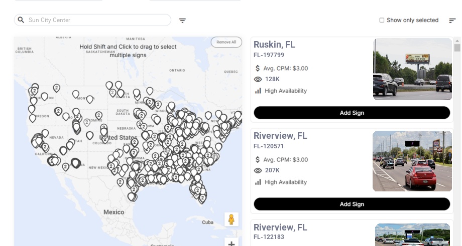 Billboard advertising in Sun City Center Fl, Florida - Choose your favorite location