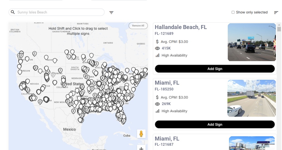 Billboard advertising in Sunny Isles Beach Fl, Florida - Choose your favorite location