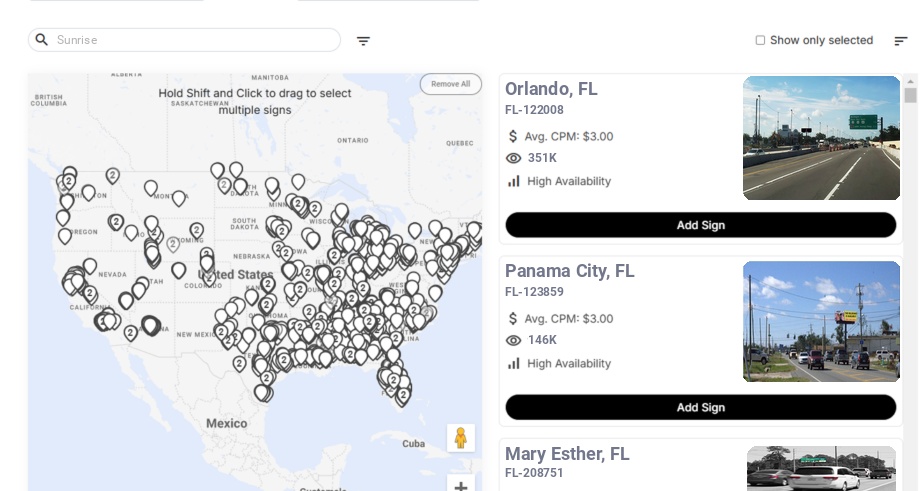 Billboard advertising in Sunrise Fl, Florida - Choose your favorite location