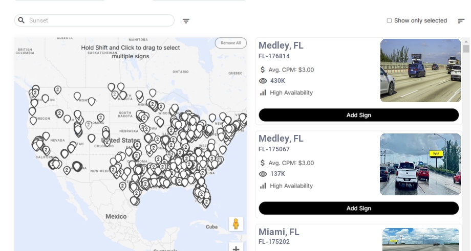 Billboard advertising in Sunset Fl, Florida - Choose your favorite location