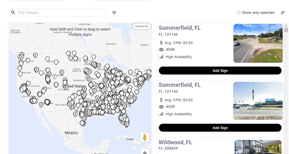 Billboard advertising in The Villages Fl, Florida - Choose your favorite location
