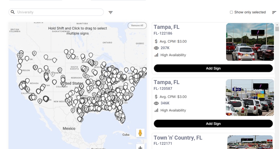 Billboard advertising in University Fl, Florida - Choose your favorite location