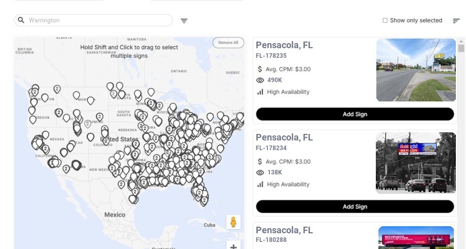 Billboard advertising in Warrington Fl, Florida - Choose your favorite location