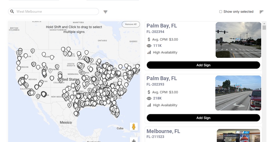 Billboard advertising in West Melbourne Fl, Florida - Choose your favorite location