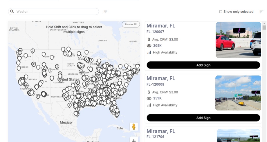 Billboard advertising in Weston Fl, Florida - Choose your favorite location