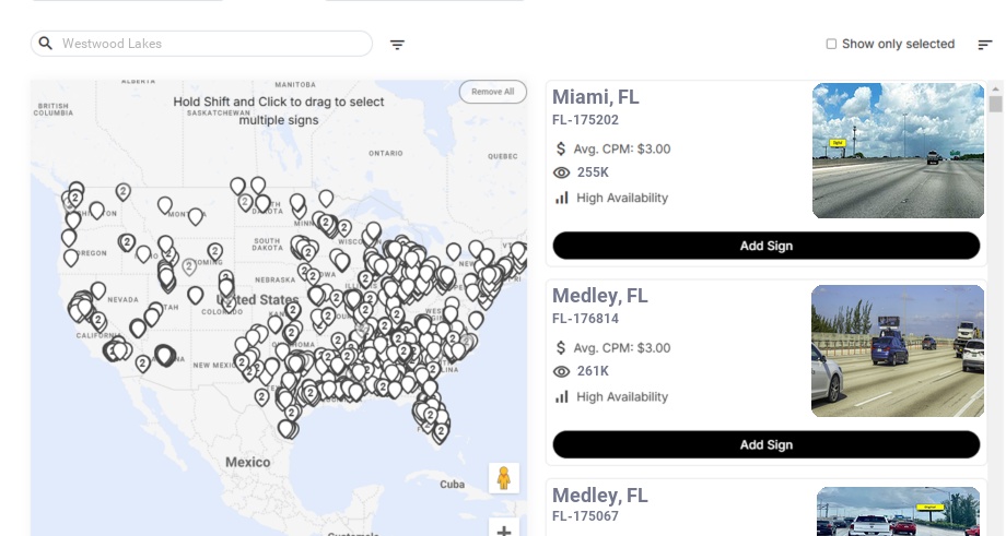 Billboard advertising in Westwood Lakes Fl, Florida - Choose your favorite location
