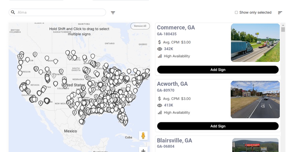 Billboard advertising in Alma Ga, Georgia - Choose your favorite location