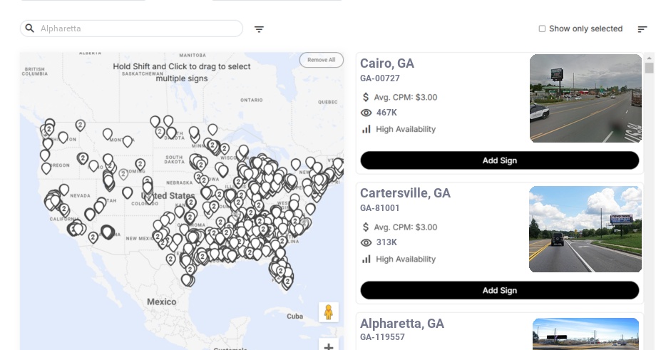Billboard advertising in Alpharetta Ga, Georgia - Choose your favorite location