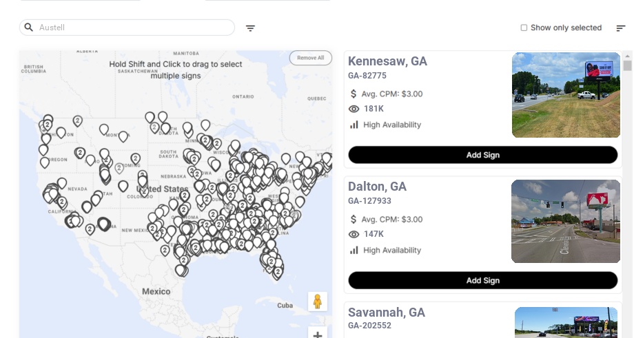 Billboard advertising in Austell Ga, Georgia - Choose your favorite location