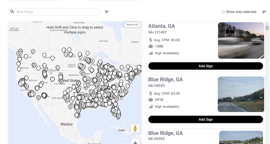 Billboard advertising in Blue Ridge, Georgia - Choose your favorite location