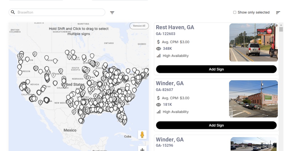 Billboard advertising in Braselton Ga, Georgia - Choose your favorite location
