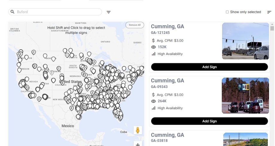 Billboard advertising in Buford Ga, Georgia - Choose your favorite location