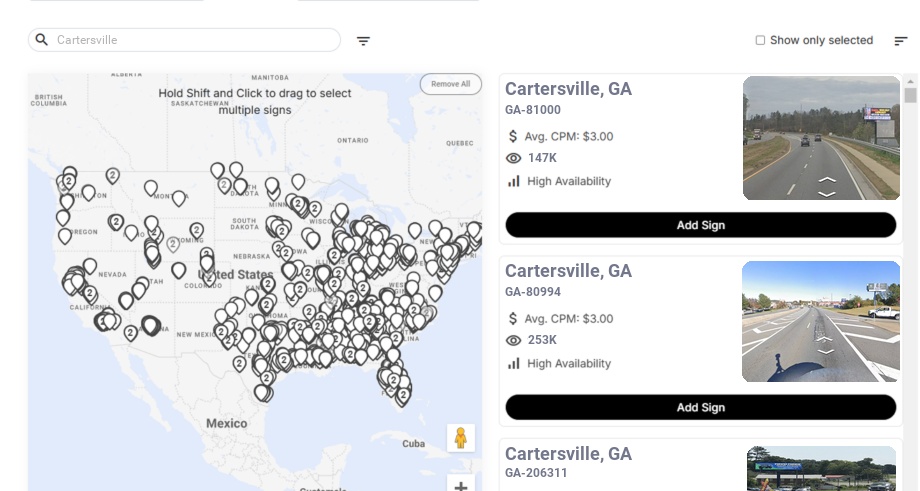 Billboard advertising in Cartersville Ga, Georgia - Choose your favorite location