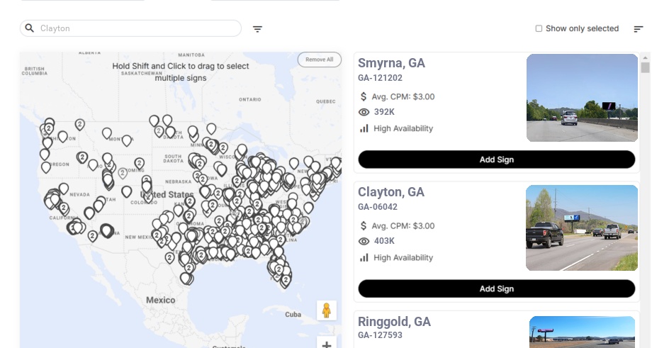 Billboard advertising in Clayton Ga, Georgia - Choose your favorite location