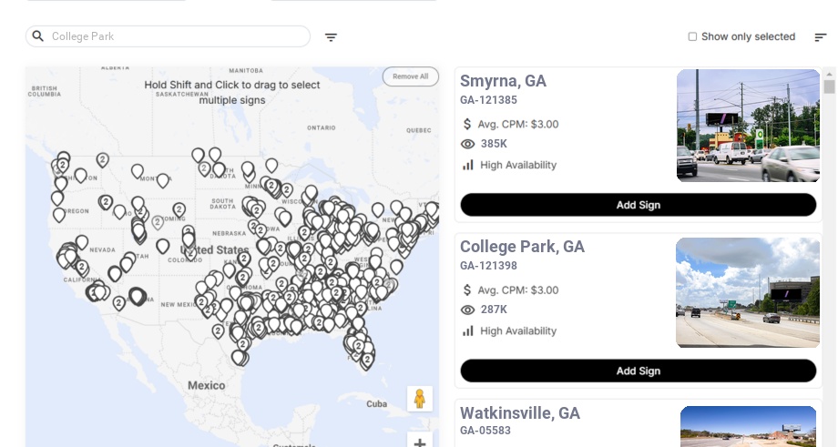Billboard advertising in College Park, Georgia - Choose your favorite location