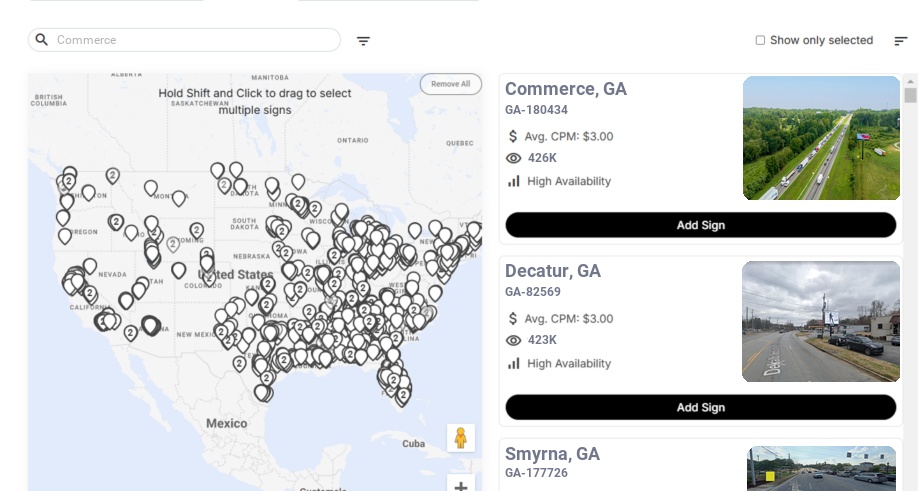 Billboard advertising in Commerce Ga, Georgia - Choose your favorite location