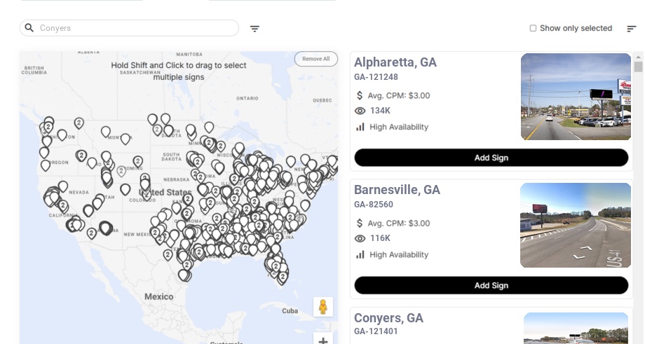 Billboard advertising in Conyers Ga, Georgia - Choose your favorite location